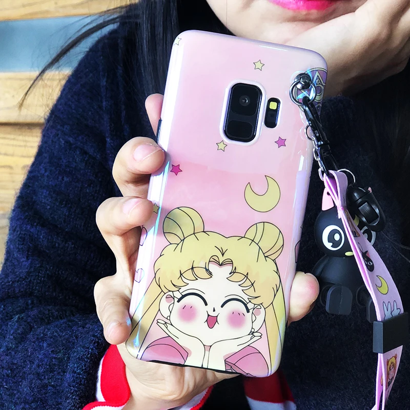 Милый чехол-накладка для samsung S9 S10 plus Sailor moon для samsung S8 S8plus note8 note9 S7edge, мягкая задняя крышка+ игрушка luna cat+ ремешок