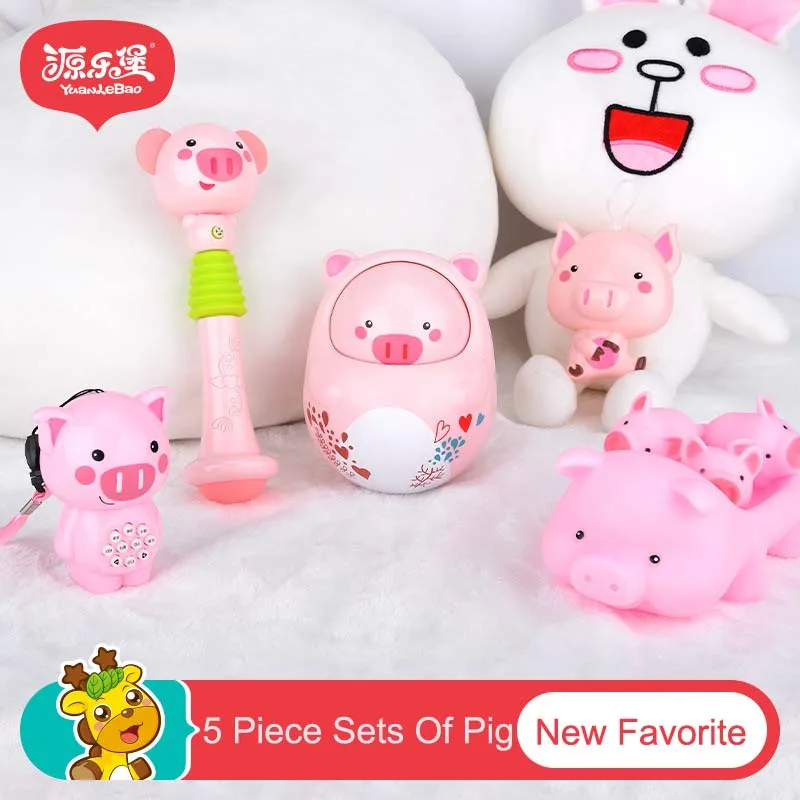 

5pcs/lot Pig Family Baby Rattles Toys Tumbler Music Roly-poly Hand Bell Educational Pink Cute Kawaii Piggy Mobiles Toy Jouet H
