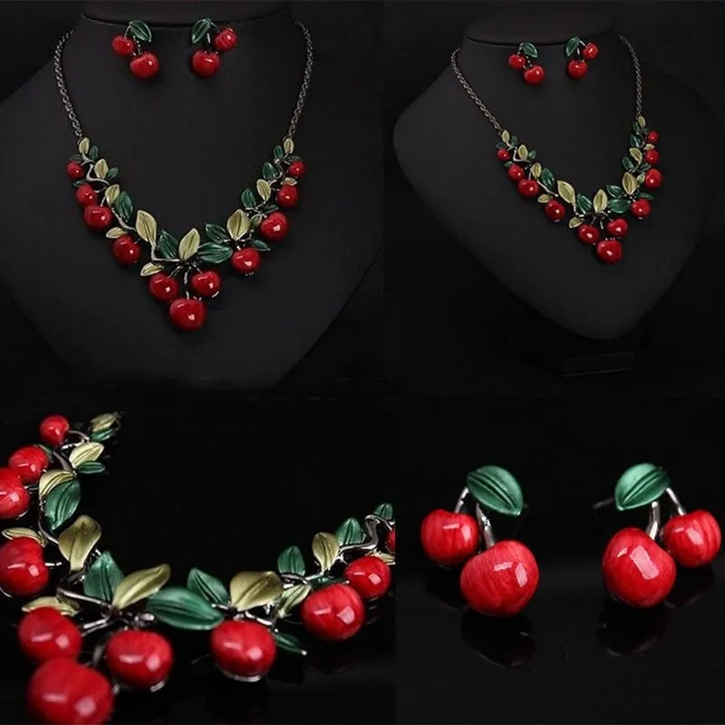 Oil Alloy Cherry Jewelry Sets For Woman Vintage Chain Necklace Pendant Earrings Statement Bridal Wedding Party Gifts