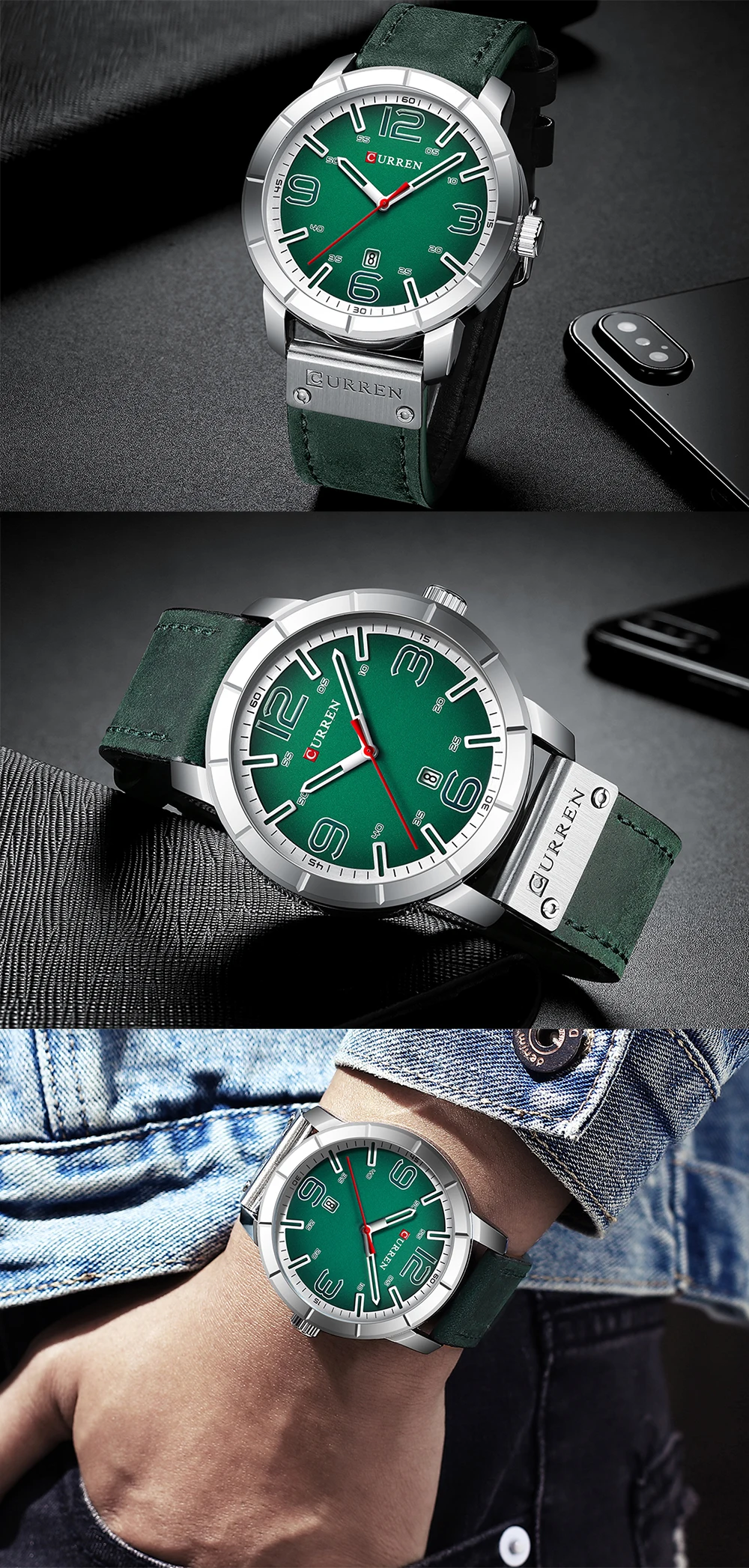 Роскошные CURREN новые мужские часы Креативный зеленый циферблат кожаный ремешок кварцевые наручные часы модные спортивные водонепроницаемые часы с дисплеем даты