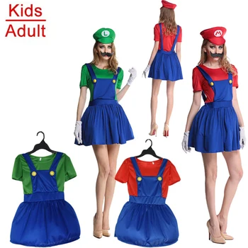 

Hot Super Mario Halloween Costume Adults Girls Women Anime MARIO & LUIGI Cosplay Costumes Christmas Party Dress with Hat Beard