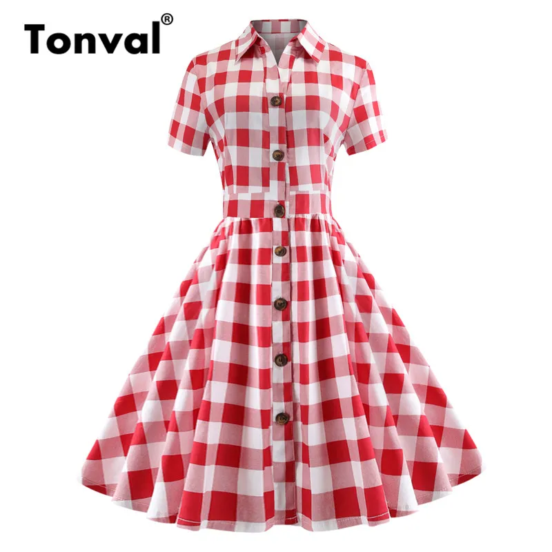

Tonval Vintage Red Plaid Turn down Collar Shirt Dress Elegant Office Tie Back Dresses Women A Line Retro Dress