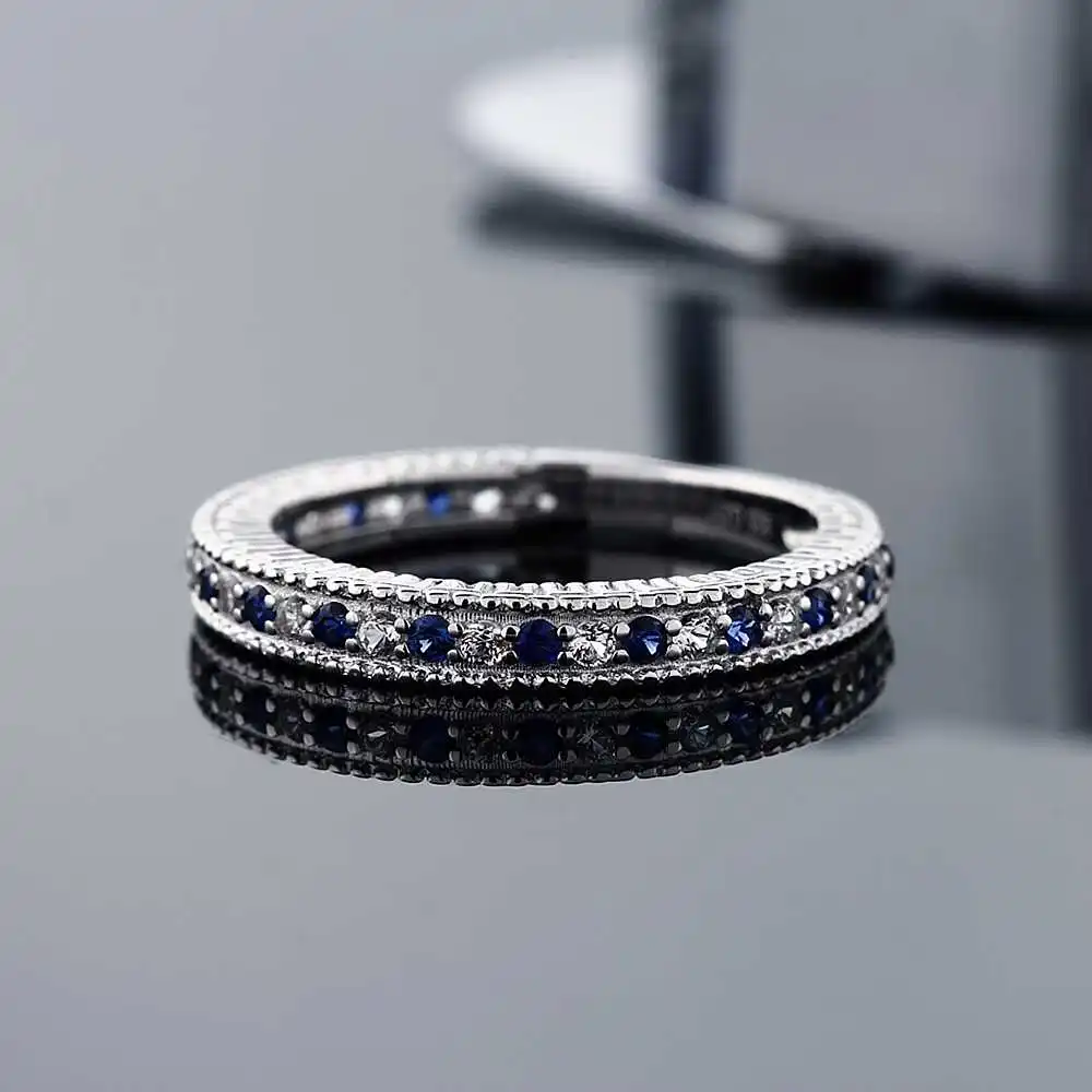 GemStoneKing 925 пробы Серебряное женское юбилейное обручальное кольцо, кольцо с синим и белым сапфиром, хорошее ювелирное изделие