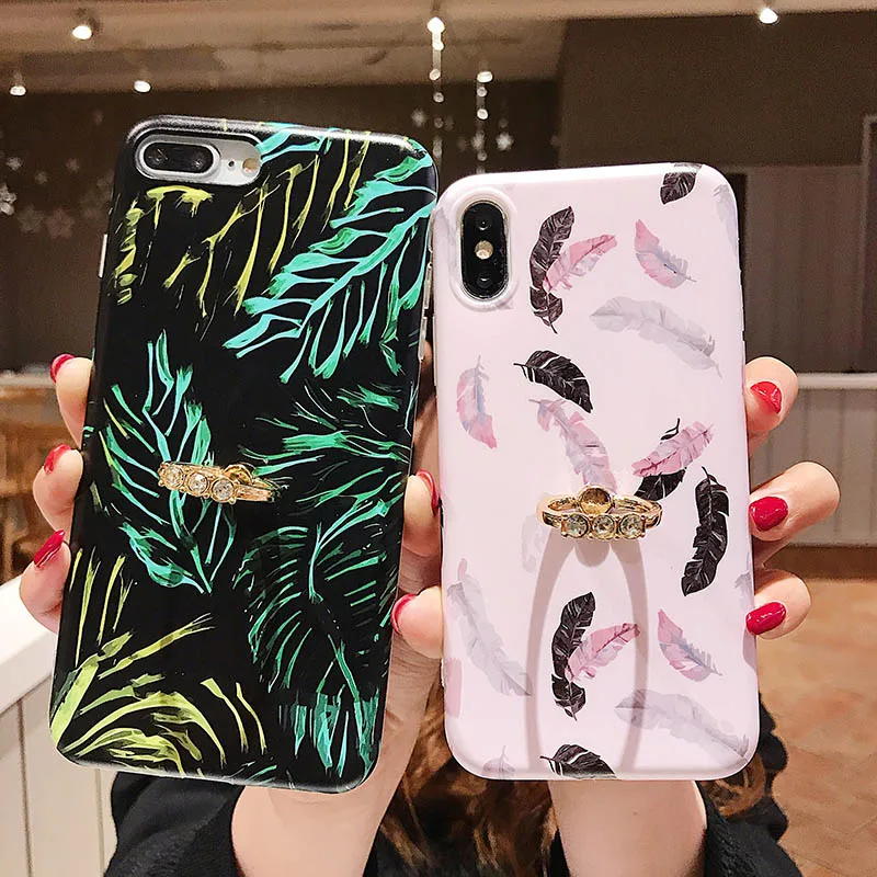 

Feather Phone Case For iPhone X XR 11 Pro XS MAX 7 8 6 6S Plus Shell Back Cover Tropical Leaves Silicone TPU Diamond Finger Ring