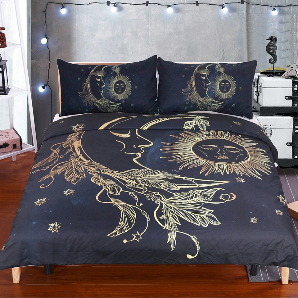 

LISM moon 3Piece Bedding Set Queen Size Flower Bohemian Duvet Cover Sun Print Boho Bed Set King Black Multi Sizes Bedspreads