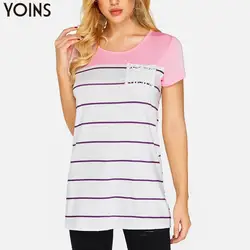 2019 летние YOINS Женские полосатые Лоскутные женские блузки рубашки с короткими рукавами с круглым вырезом и карманами Femininas женские блузы