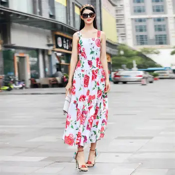 

Women Dresses 2018 High Quality Summer Runway Backless Sleeveless Printed Big Swing Spaghetti Strap Dress NPD0661N