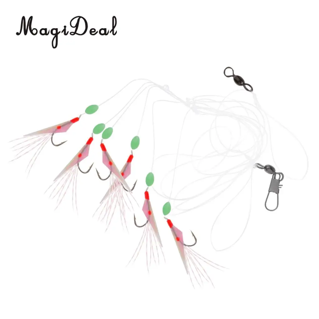 Saltwater Sea Fishing Rig Lures Fish Skin Flasher Sabiki Rig Crankbait with Luminous Bead and Hook 6#