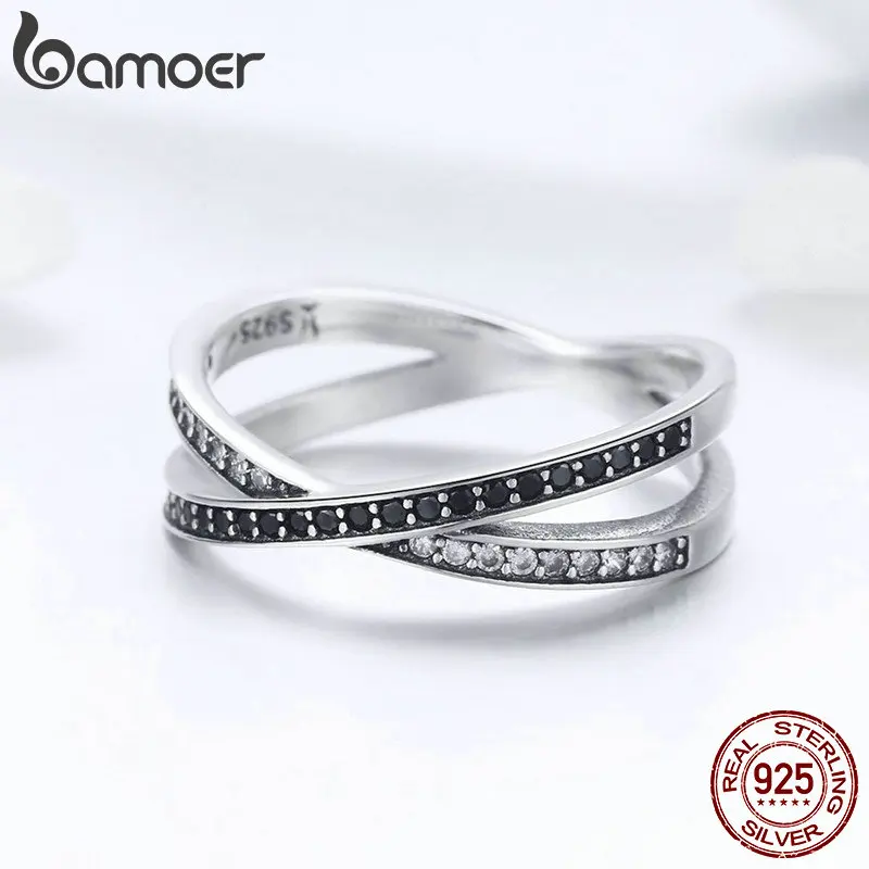 BAMOER, подлинные, 925 пробы, серебряные, с крестом, геометрические, черные и прозрачные, CZ, кольца на палец для женщин, Стерлинговое серебро, ювелирные изделия anel SCR439