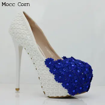

Lace Flower White Wedding Shoes Women High Heels Round Toe Bridal Shoes Cryst Pumps 2018 Party Bridesmaid Shoes Lady Dress Shoes