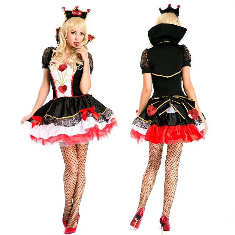 

2019 Adult Women Carnival Halloween Queen of Hearts Cosplay Costume Sexy Black Mini Dress Female Fancy Dress Masquerade Dress