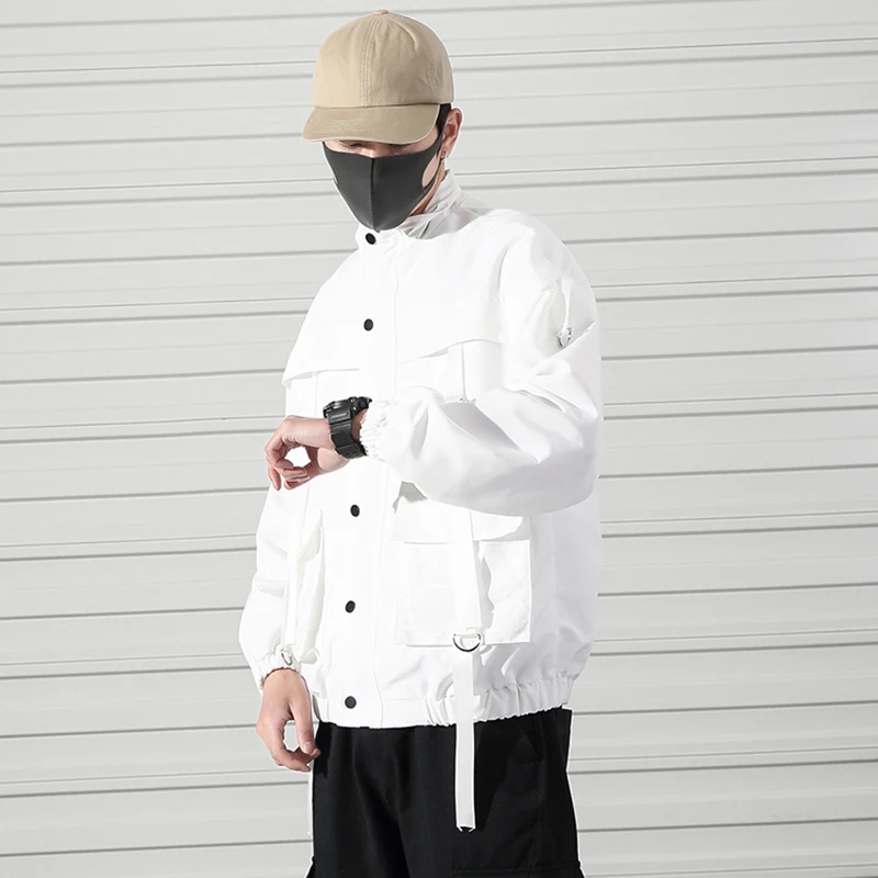 2021 Men Military Jacket Coats Casual Windbreaker Ribbons Pockets Men's Overalls Bomber Jacket Hip Hop Streetwear Man Outwear