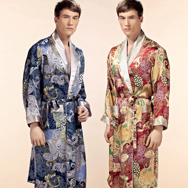 Мужской шелковый халат с длинными рукавами, одежда для сна высокого качества, шелк, мужские купальные халаты с принтом, кимоно, домашняя одежда, большой код