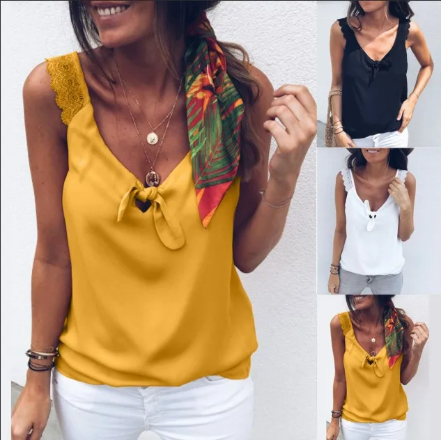 

Fashion Women V-Neck Lace Top Elegant Sleeveless Summer Vest Loose Tank