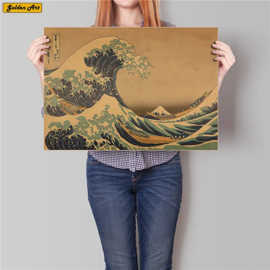 Японский винтажный постер из крафт бумаги Kanagawa ukiyo e для морского серфинга с