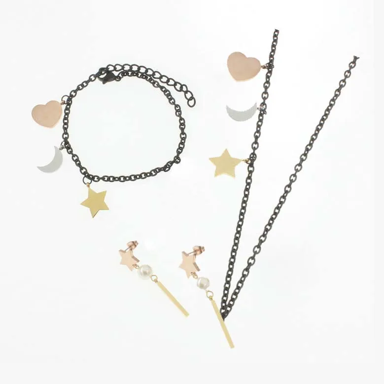 

Stainless Gold Silver Black color heart moon star pearls charms pendants Necklace Earring Bracelet Women bears style Jewelry Set