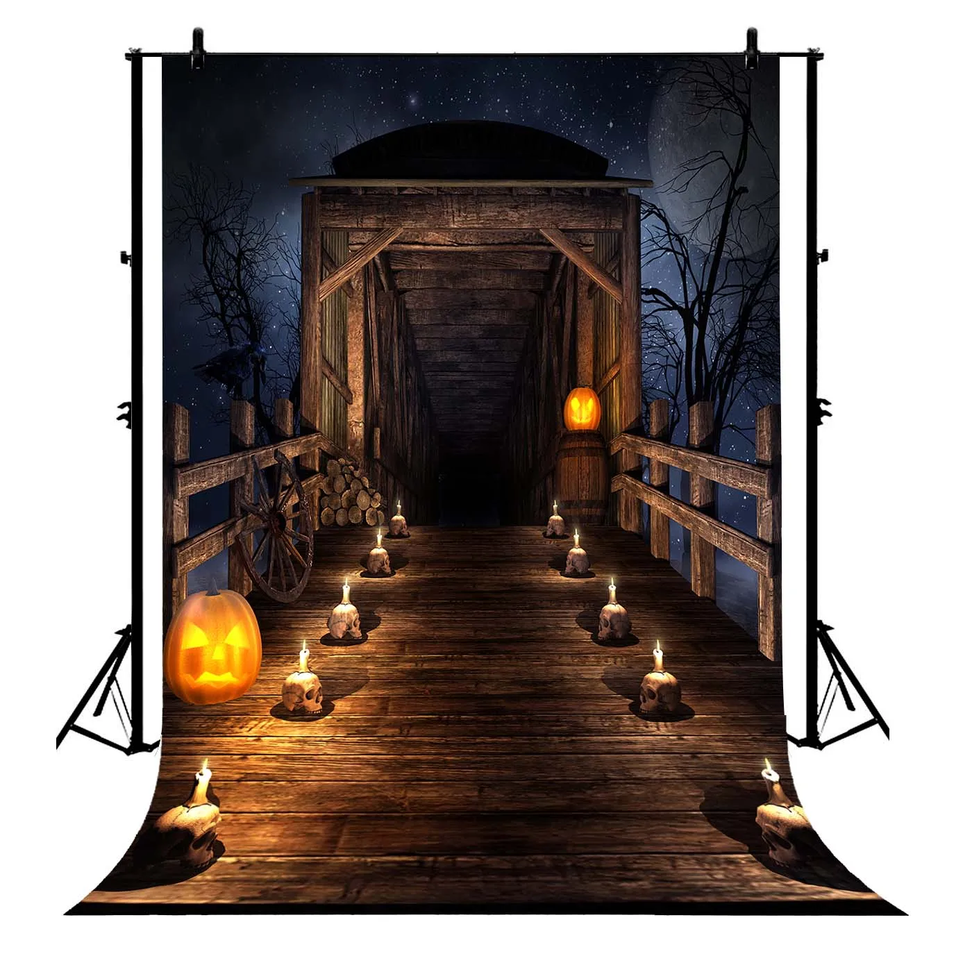

5x7ft Halloween Wooden Bridge Pumpkin Candle Polyester Photo Background Portrait Backdrop