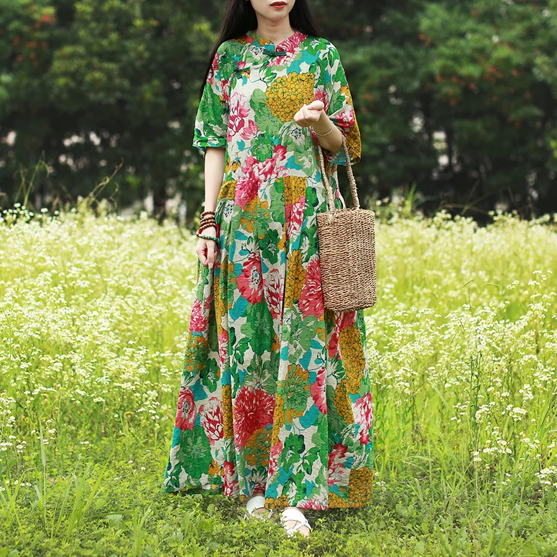 Женское платье макси с коротким рукавом и воротником стойкой|plus size women dresses|summer maxi