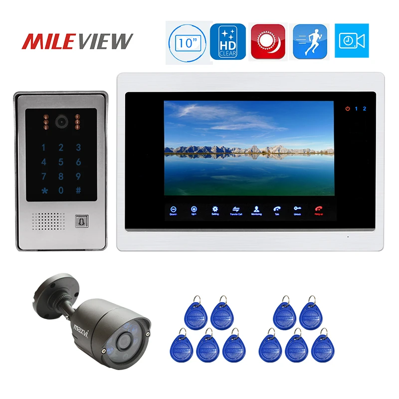 

Free Shipping 1200TVL HD 10" Video Door Phone Intercom Record Screen Kit Keypad RFID Unlock Doorbell Camera Security Camera PIR