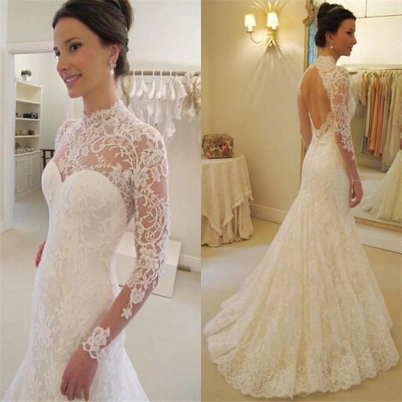 

2015 Cheap Lace Wedding Dresses India Arabic Vintage See Through High Neck Long Sleeve Mermaid Bridal Gowns Vestidos de novia