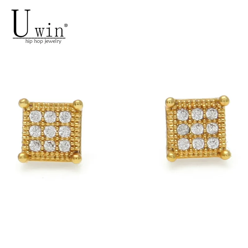 

UWIN Iced Zircon Men's Stud Earrings Copper Material Gold Silver Color Square Earrings For Women Fashion Hip Hop Jewelry 7mmx7mm