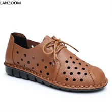 LANZOOM 2017 Sommer Damen schuhe aus echtem leder sandalen frauen aushöhlen wohnungen patchwork weichem leder lace up big size schuhe