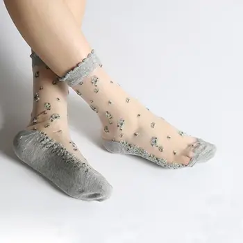 

Women Silk Socks Ultra-thin Transparent Socks Cool Crystal Short Tube Jacquard Ladies Elastic Ankle Sock calcetines mujer