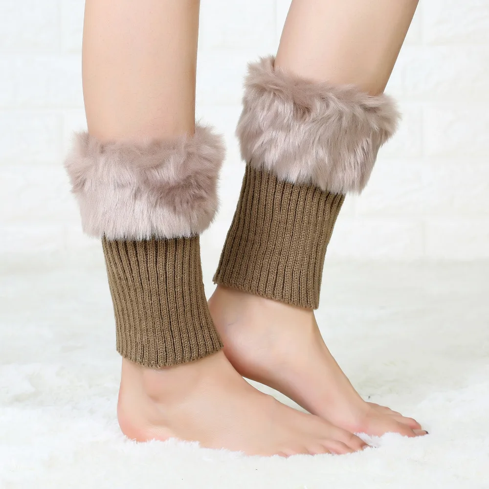 Women's Boot Socks Winter Warm Crochet Knitted Leg Warmers Fur Trim Toppers Cuffs Ladies Solid