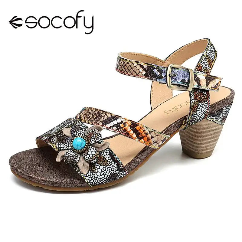 

SOCOFY Genuine Leather Sandals Fish Scale Pattern Floral Low Heel Hook Loop Sandals Elegant Shoes Women Sandalias Mujer 2020