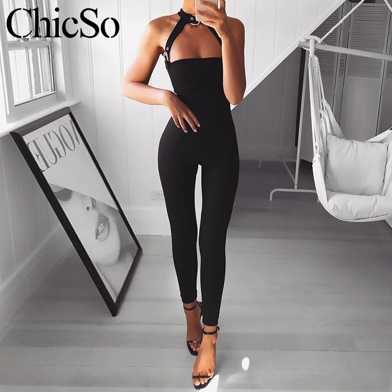 

MissyChilli Halter slim sexy jumpsuits rompers Women fitness black female jumpsuit long playsuit Autumn winter party overalls