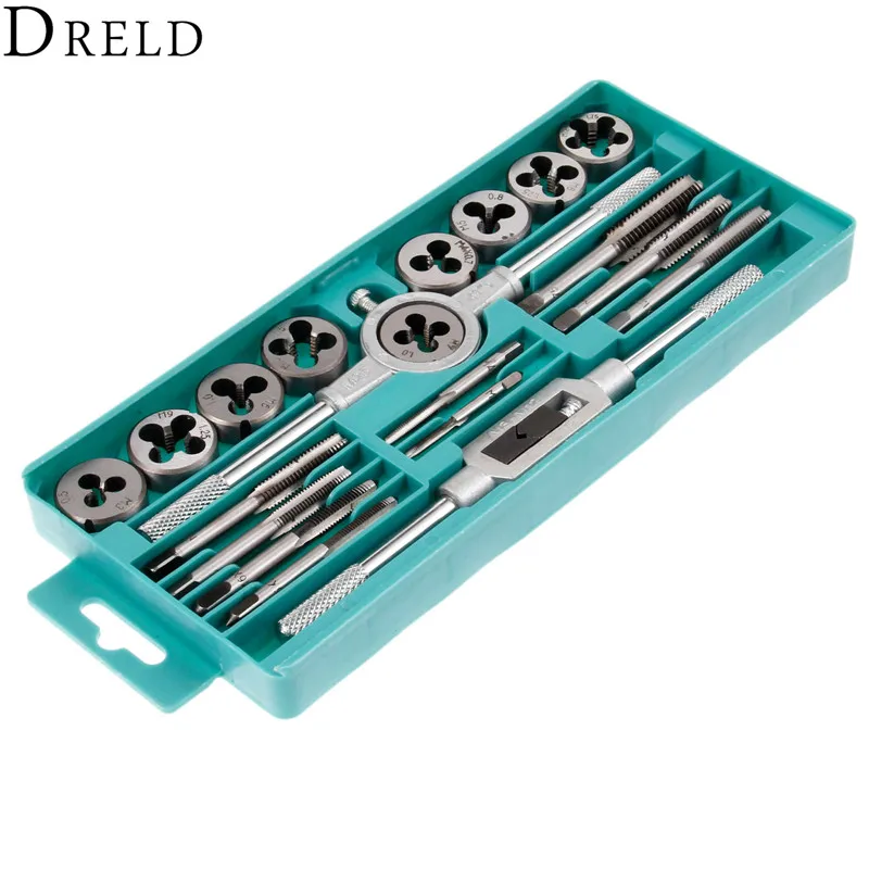 

DRELD 20Pcs Metric Taps Dies Wrench Handle Tap and Die Set M3-M12 Alloy Steel Screw Thread Plugs Straight Taper Drill Hand Tools