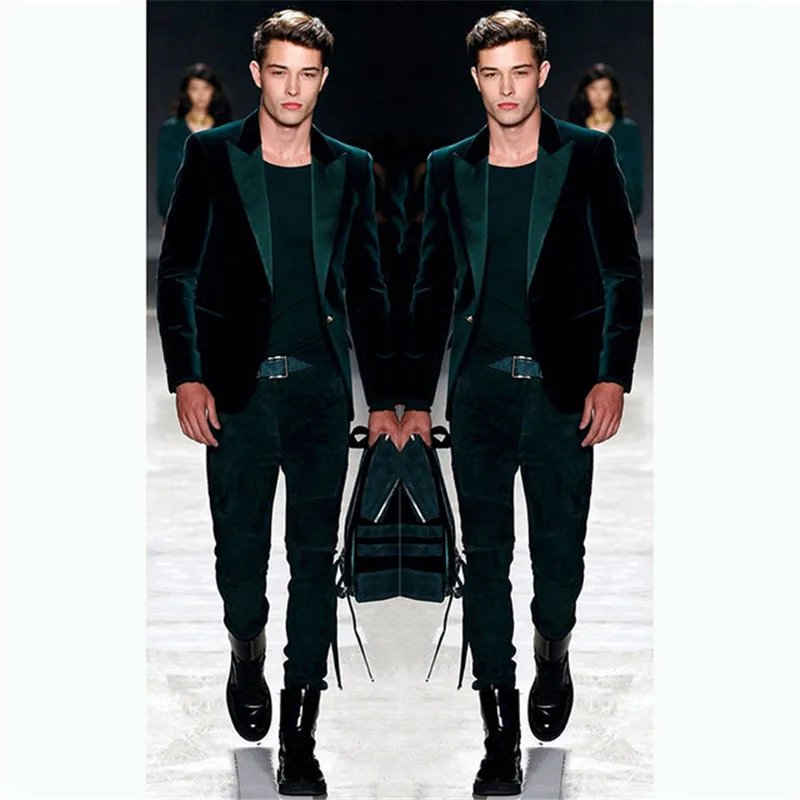 

Green Blazer Men Suit Mens Suits Stage Show Peak Performance 2019 Tailor Made Retro Smoking Velvet Party Tuxedos Lapel 2 Pieces