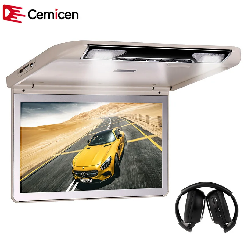 

Cemicen 13.3 Inch Car Roof Screen Monitor Full 1920*1080 Flip Down Screen Roof Mount MP5 TV Player HDMI USB SD IR FM Transmitter