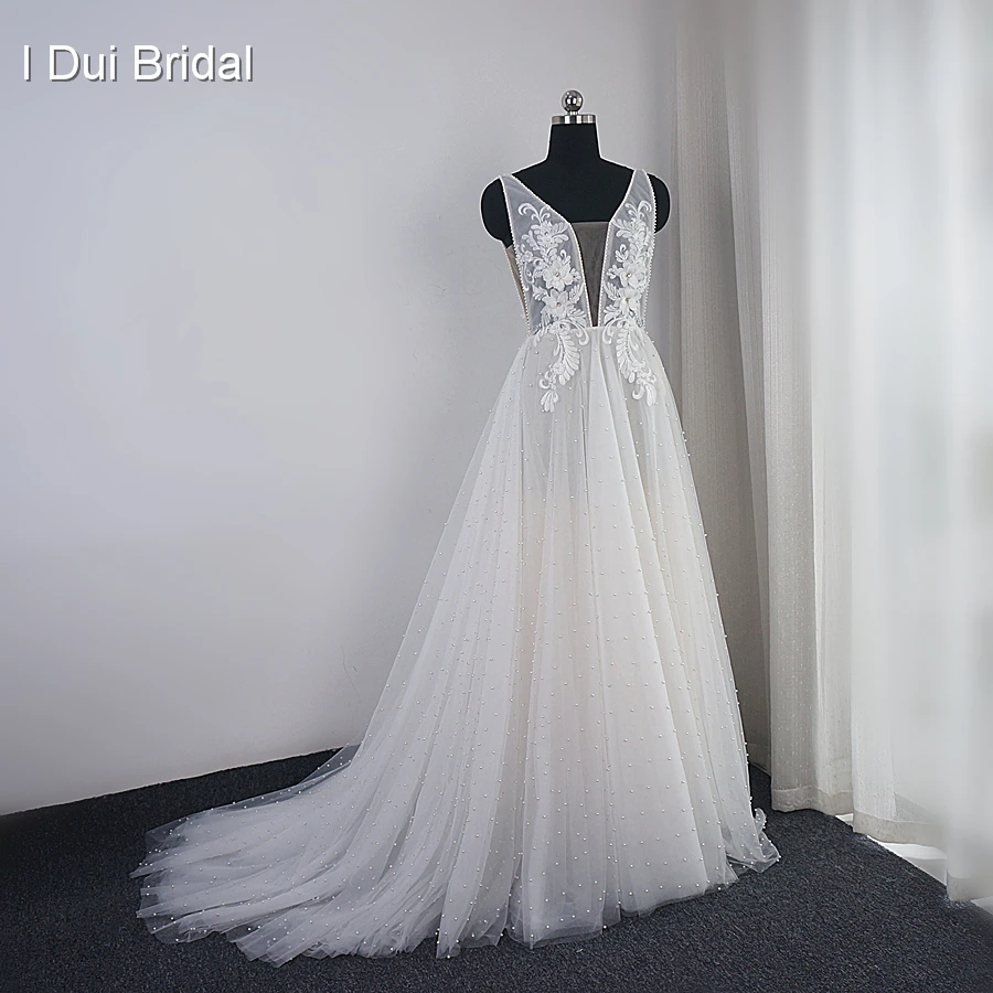 Pearl Wedding Dress With Lace Appliques Boho Chic Bridal Gown