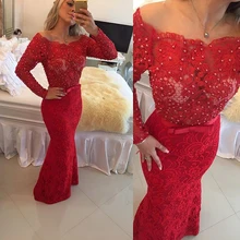 Reizvolle Backless Rote Spitze Voll Sleeves Lange Abendkleid Party elegante Vestido De Festa Bodenlangen Perlen Sexy Prom Kleider 2016