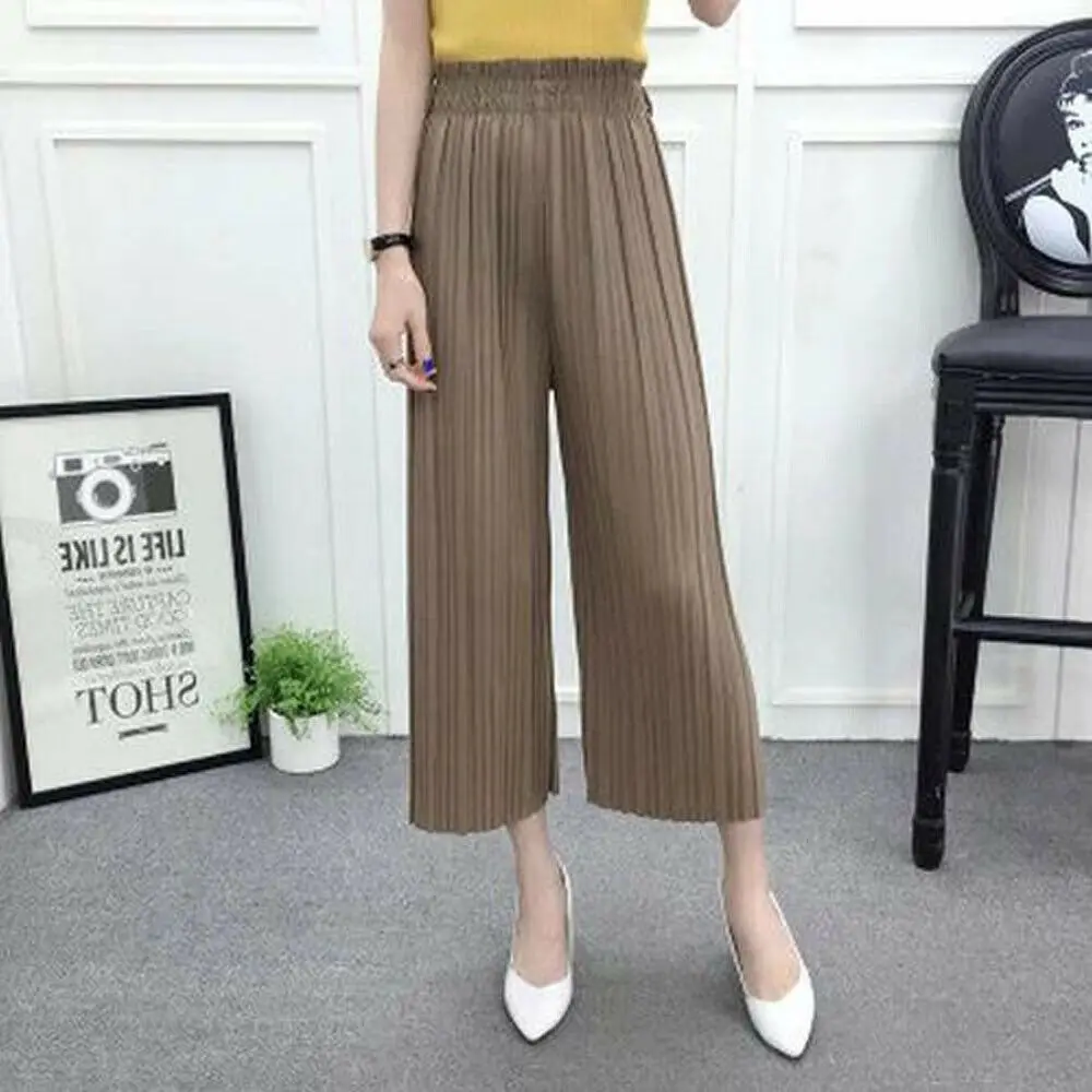 

Ladies Pleated Chiffon Flax Wide Leg Pants Elastic Waist Trousers Casual Pants High Elastic Waist Chiffon Pleated Trousers