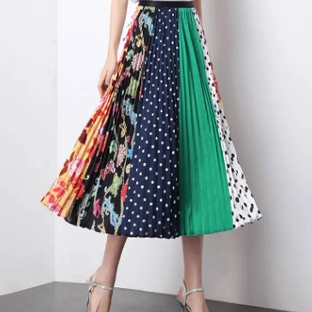 Women Cartoon Printing Pleated Skirt Fashion Graphics High Elasticity Midi Skirt Harajuke Vintage Green Black White Women Skirts