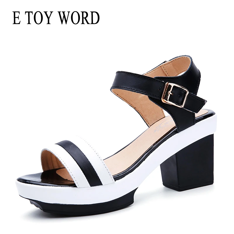

E TOY WORD Women Sandals Gladiator Shoes Stripes Black White Summer Sandals Platform Peep Toe Square Heel Sandals Female 40-43