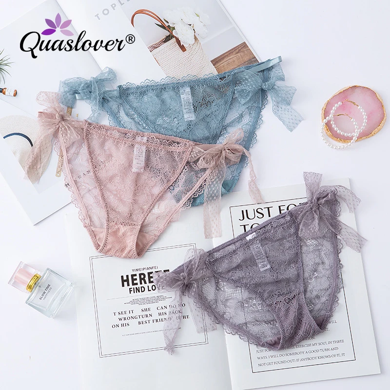 Quaslover Women's Summer Sexy Panties Breathable Comfort Underwear Lace Transparent Panties Female Low Waist Panty with Bow