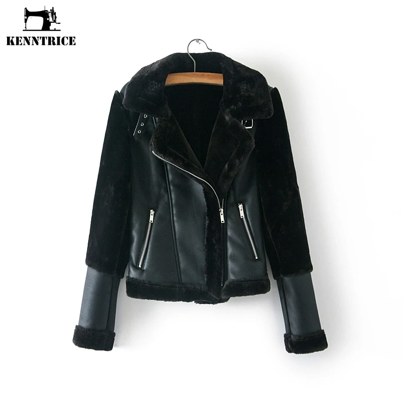 KENNTRICE Winter Women Leather Jacket Thick Black Coat Patchwork Faux ...