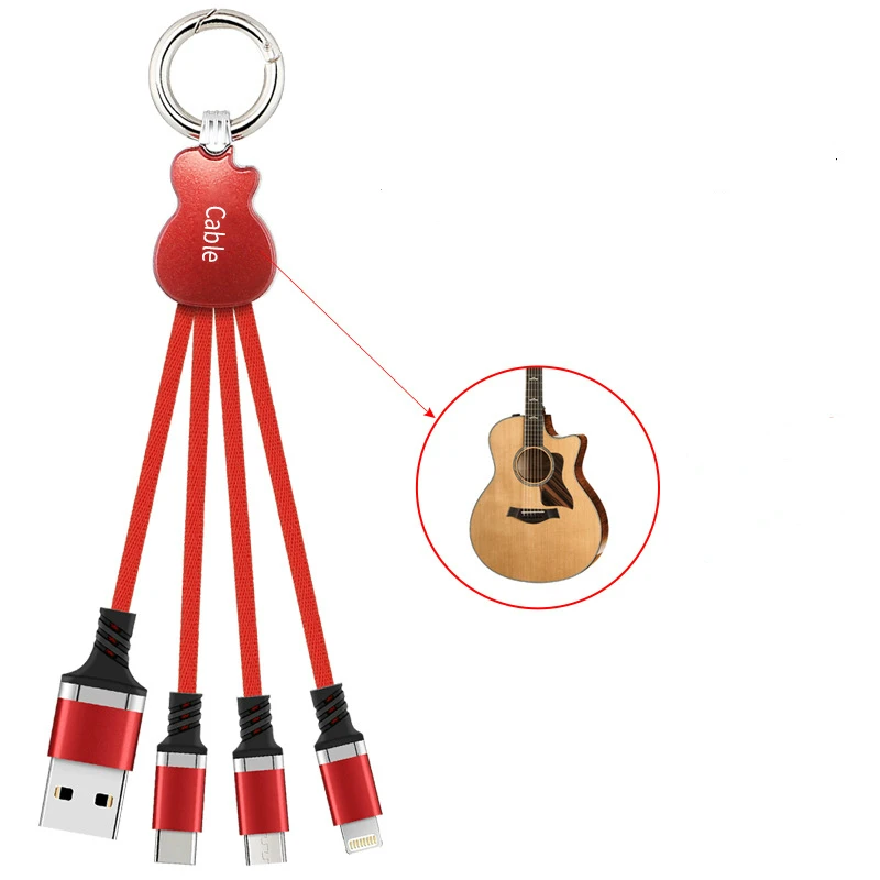 Reebeen الغيتار شكل كابل نقل بيانات لالروبوت ios نوع-c المصغّر usb واحد سحب ثلاثة بيانات كبل شحن ل xiaomi samsung 0.2 m
