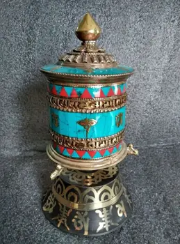

5.9''/Old Tibet and Nepal, gilt bronze inlaid turquoise rotating the scriptures
