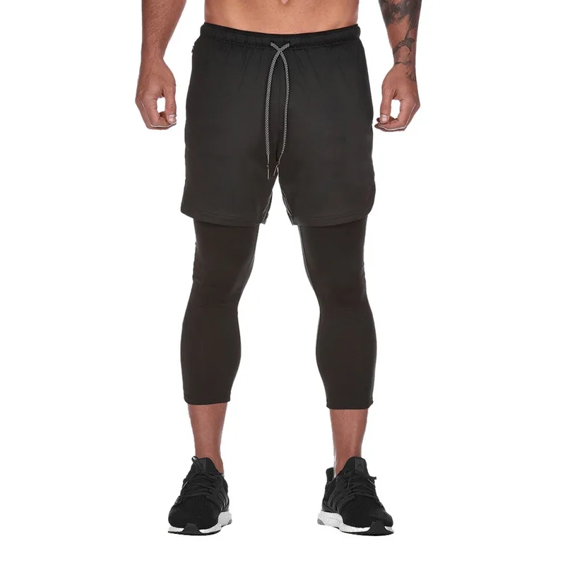 Calf Length Black 2 в 1, одноцветные спортивные штаны для бега, мужские камуфляжные брюки с завязками, быстросохнущие штаны для бодибилдинга, дышащие штаны для спортзала, Homme - Цвет: Calf Length Black