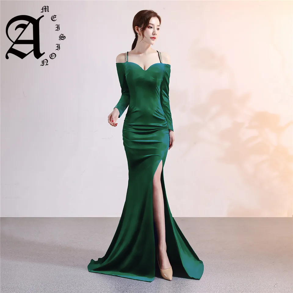 

Ameision Evening dress Boat Neck Spaghetti Strap Full sleeves velvet party gown Crystal Floor-length zipper Mermaid prom dresses
