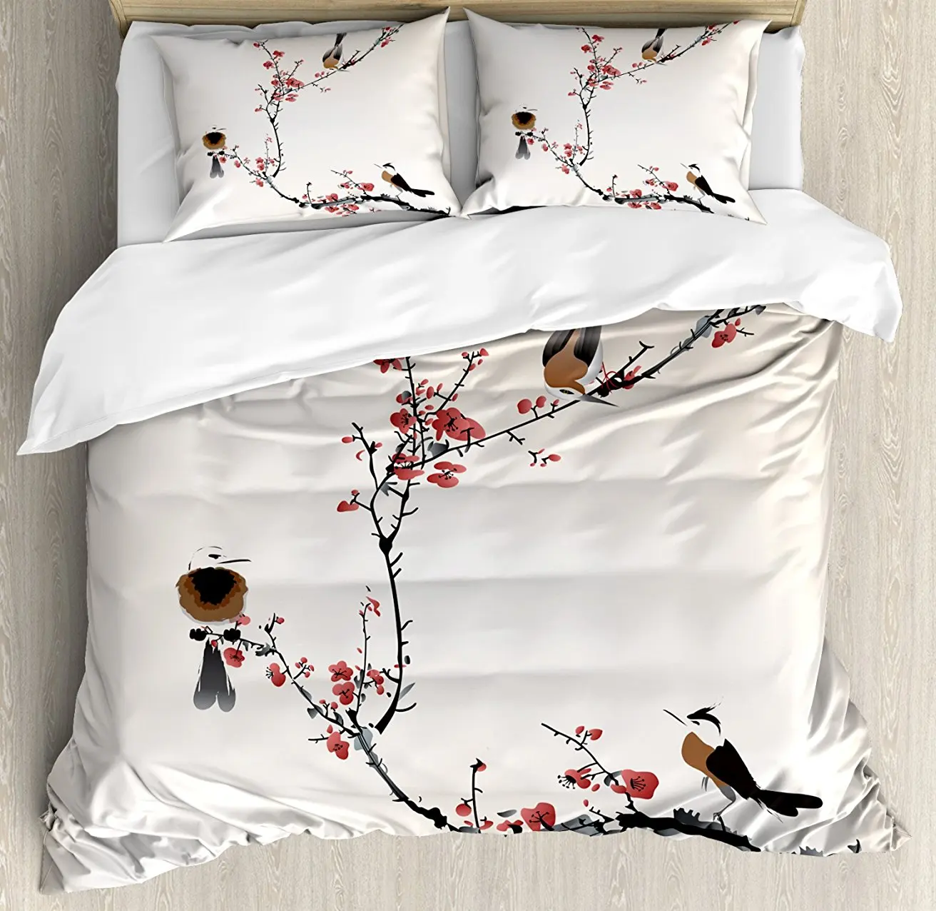 

Duvet Cover Set, Stylized Blooming Japanese Cherry Tree Watercolor Painting Effect Artistic Design Print, 4 Piece Bedding Set