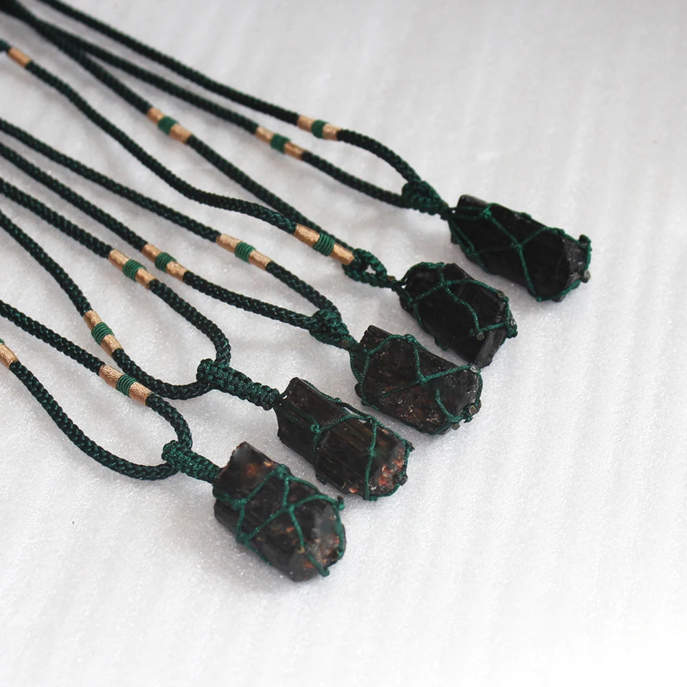 Винтажный сотканный вручную натуральный черный турмалин необработанный камень кулон ожерелье