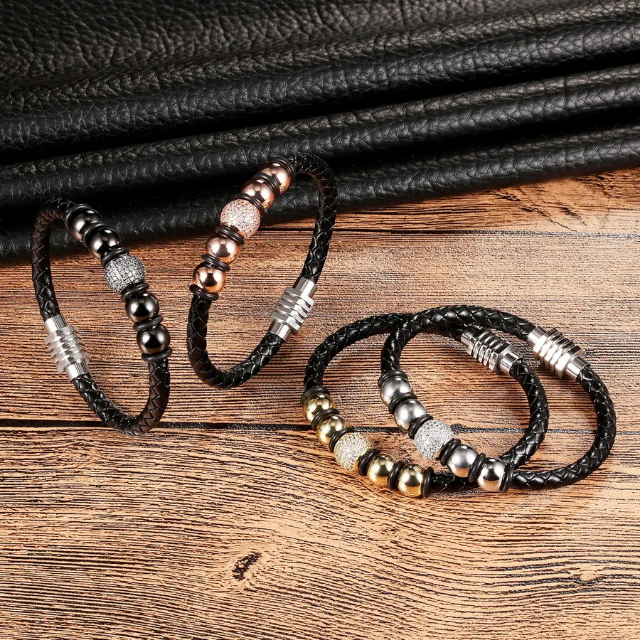 XQNI New Design Genuine Leather 4 Colors Ball Stainless Steel Inlaid Cubic Zircon Bracelet With Velvet Bag Gift Packing Jewelry