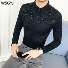 WSGYJ брендовая рубашка для мужчин пикантные кружевные лоскутные мужские рубашки с длинным рукавом Новинка Camisa Masculina Slim Fit уличная Выпускной смокинг 3XL