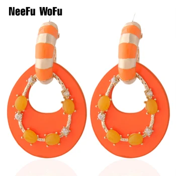 

NeeFu WoFu Fluorescence orange leather Earring Gradient jewelry Printed rings for women glass orecchini bijoux femme Oorbellen
