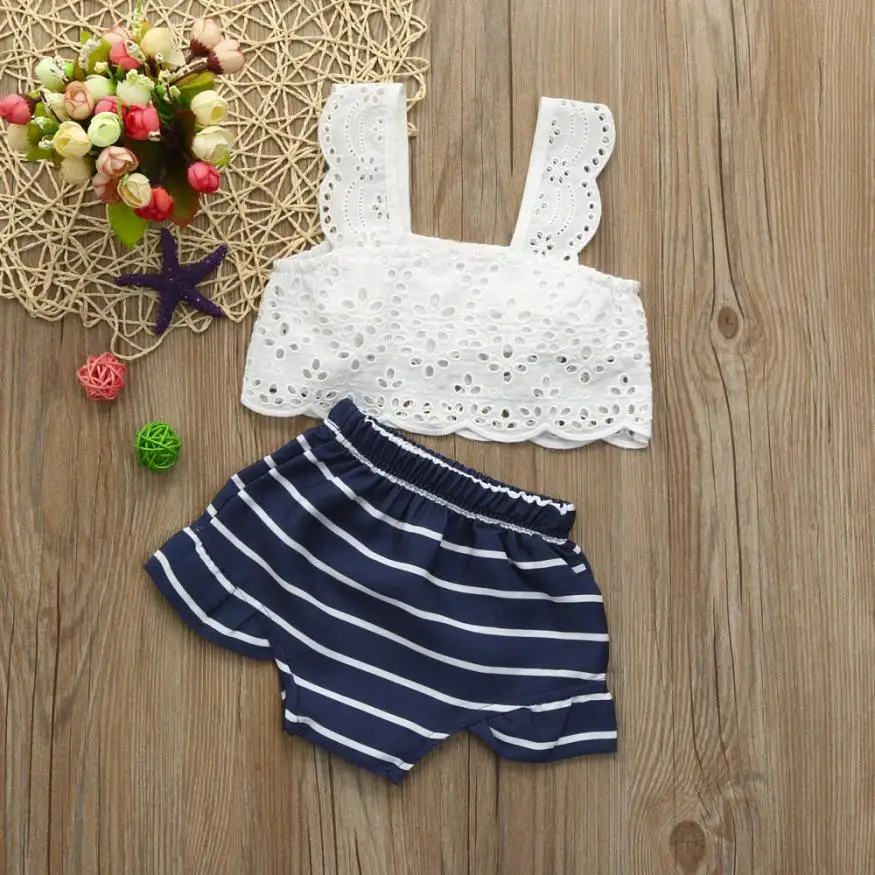 

2018 New 2pcs Infant Toddler Baby Girls Lace Striped Clothes Tops+Shorts Set Outfits Kids Clothes Children Clothing Set 15